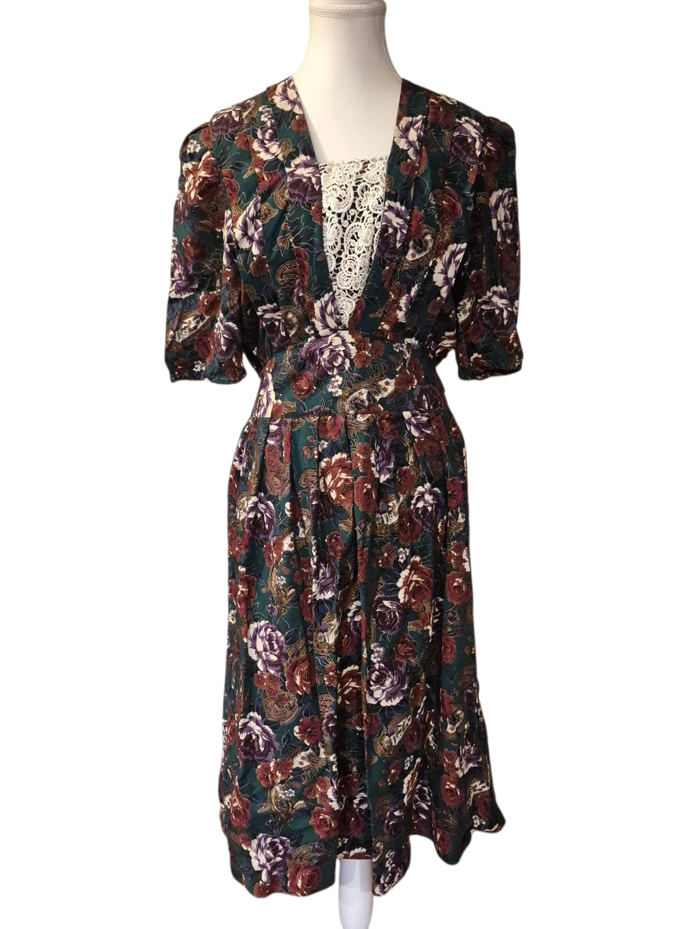 Floral Teal Lace-Trim Midi Dress